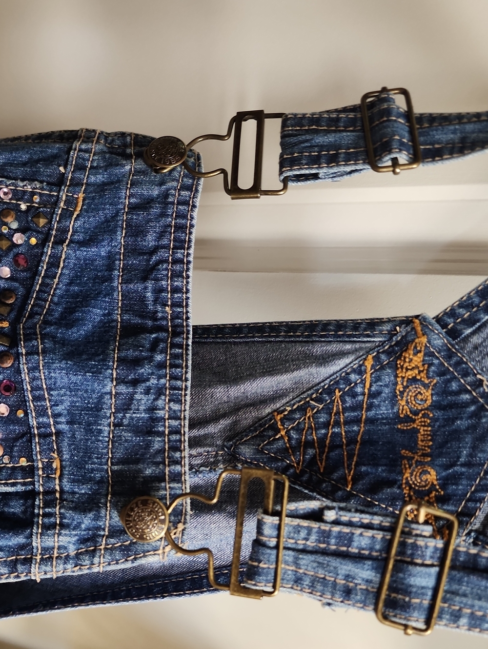 VTG Squeeze Jeans Y2K Rhinestone Bling Denim Overalls Girls Medium(10) Excellent - Picture 8 of 12